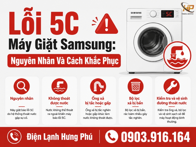 Lỗi 5C máy giặt Samsung nguyên nhân và cách khắc phục - Điện Lạnh Hưng Phú