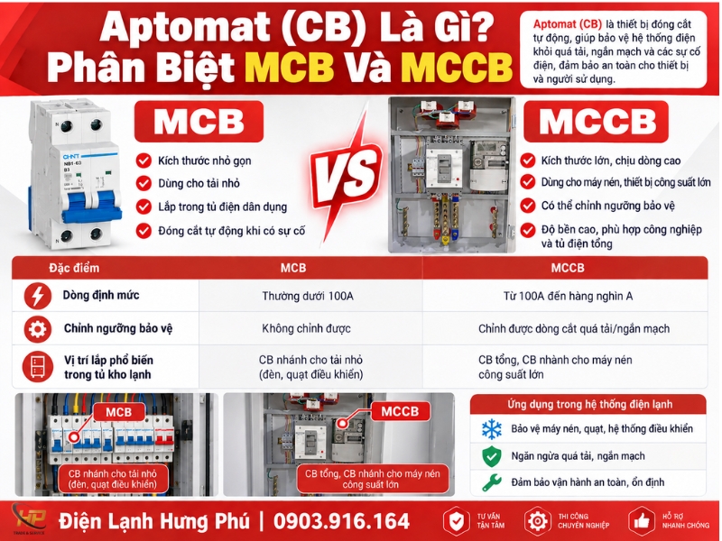 Aptomat CB tủ điện kho lạnh là gì - phân biệt MCB MCCB - Điện Lạnh Hưng Phú