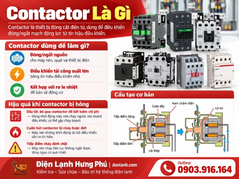Contactor tủ điện kho lạnh là gì, cấu tạo, công dụng và hậu quả nếu thiếu hoặc hỏng? Giải thích chi tiết từ Điện Lạnh Hưng Phú, dễ hiểu cho thợ mới.