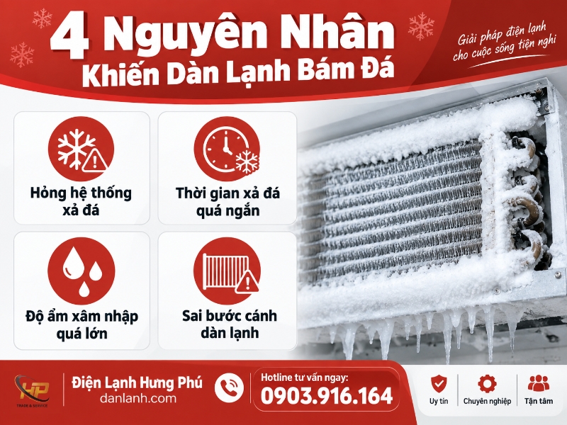 Dàn lạnh kho lạnh bị bám đá dày đặc do hỏng hệ thống xả đá - Điện Lạnh Hưng Phú