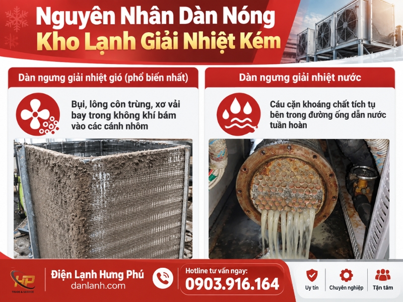 Dàn nóng kho lạnh giải nhiệt kém do bám bụi bẩn - Điện Lạnh Hưng Phú