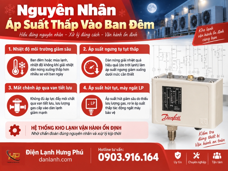 Kho lạnh báo lỗi áp suất thấp ban đêm do áp suất ngưng tụ tụt thấp - Điện Lạnh Hưng Phú