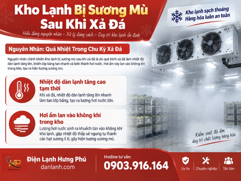 Kho lạnh có sương mù và đóng nhũ đá trên trần sau xả đá - Điện Lạnh Hưng Phú
