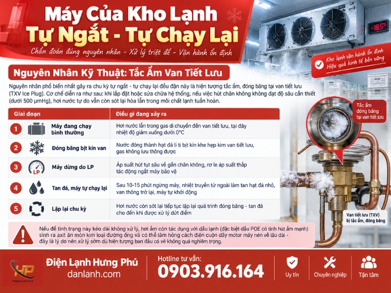 Kho lạnh tự ngắt rồi tự chạy lại do tắc ẩm van tiết lưu - Điện Lạnh Hưng Phú