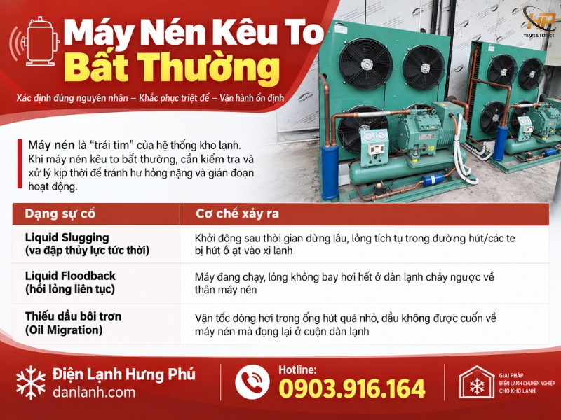 Máy nén kho lạnh kêu to bất thường do ngập dịch - Điện Lạnh Hưng Phú