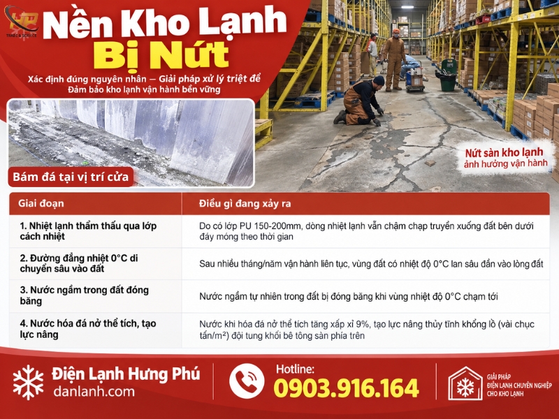 Nền kho lạnh bị nứt phồng đội lên do hiện tượng Frost Heave - Điện Lạnh Hưng Phú