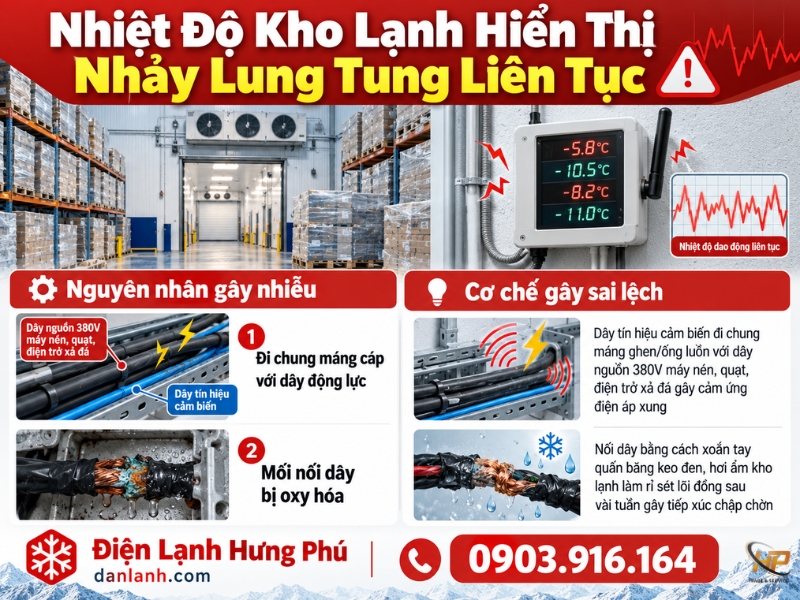 Nhiệt độ kho lạnh nhảy lung tung liên tục, còi báo động hú từng hồi? Tìm hiểu hiện tượng nhiễu điện từ (EMI) dây tín hiệu và cách khắc phục từ Điện Lạnh Hưng Phú.