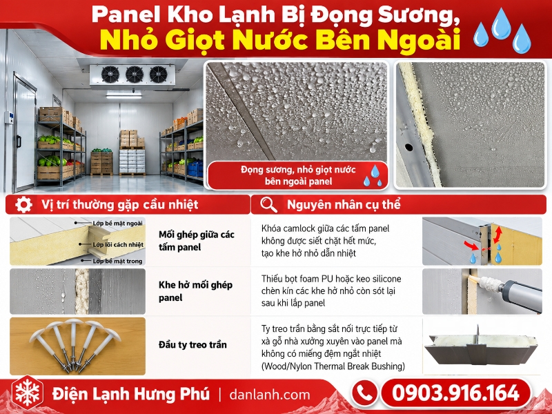 Panel kho lạnh bị đọng sương, nhỏ giọt nước bên ngoài? Tìm hiểu hiện tượng cầu nhiệt (Thermal Bridging) và cách khắc phục từ Điện Lạnh Hưng Phú.