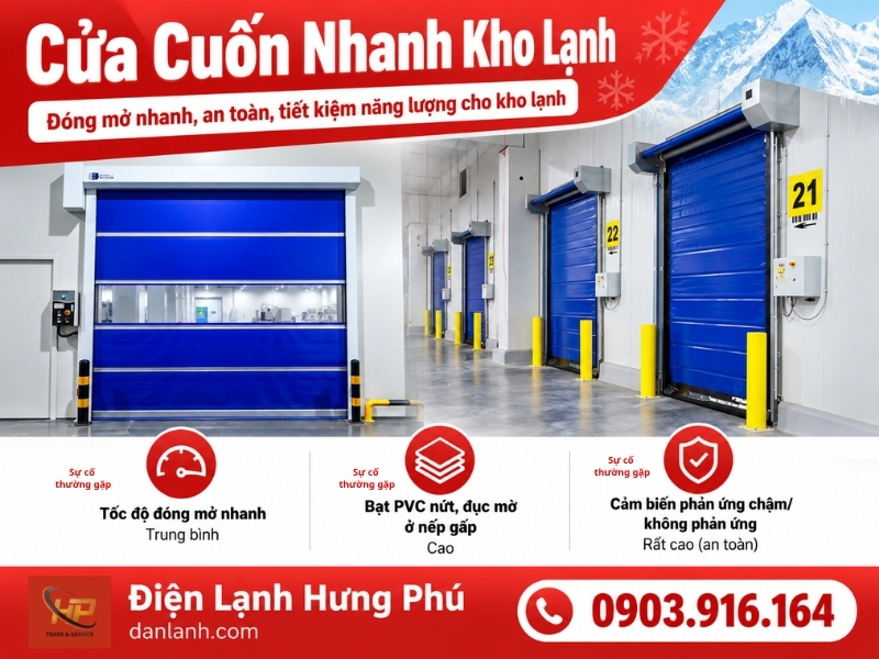 Cửa cuốn nhanh kho lạnh là gì, cấu tạo, công dụng tiết kiệm điện cho kho xe nâng ra vào liên tục và sai lầm thường gặp khi chọn sai loại bạt PVC.
