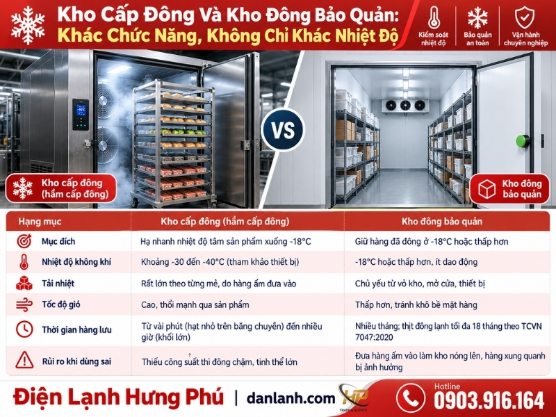 Kho cấp đông hạ nhanh nhiệt độ tâm sản phẩm xuống -18°C, kho đông chỉ giữ hàng đã đông. Phân biệt theo TCVN 9771:2013 và khi nào nhà máy cần hầm cấp đông.
