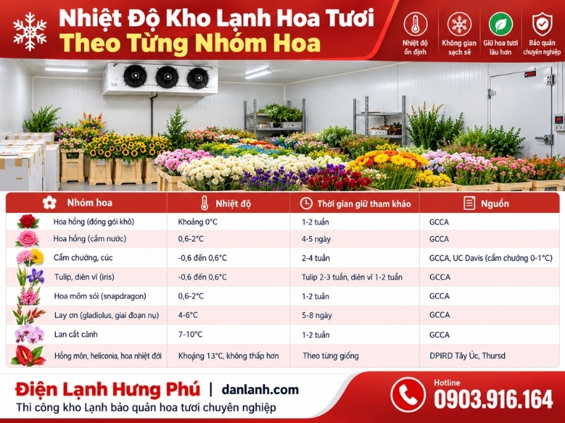 Kho lạnh hoa tươi cần 0-2°C và độ ẩm 90-95% cho hoa hồng, cúc, cẩm chướng; hoa nhiệt đới giữ khoảng 13°C. Cách chọn dàn lạnh, tránh ethylene và đọng sương.