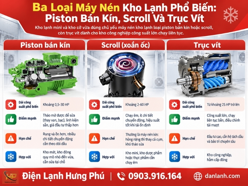 Máy nén kho lạnh là gì, có mấy loại và chọn loại nào cho kho mát, kho đông? Hưng Phú so sánh piston bán kín, scroll, trục vít và cách chọn công suất.