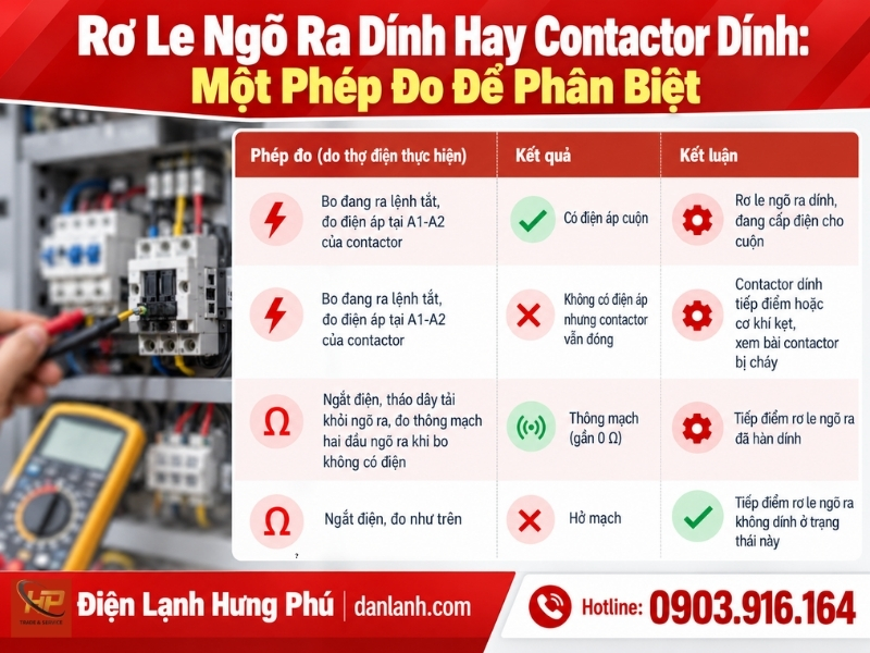 Rơ le ngõ ra bo mạch điều khiển kho lạnh bị cháy: phân biệt relay dính với contactor dính, nguyên nhân tải cảm, quy trình 8 bước và chọn sửa hay thay.