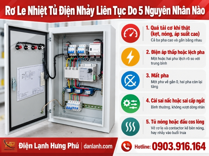 Rơ le nhiệt tủ điện nhảy liên tục dù dòng đo bình thường: đo dòng 3 pha, tính lệch pha, cài theo nhãn động cơ, cấp ngắt, quy trình 8 bước xử lý.