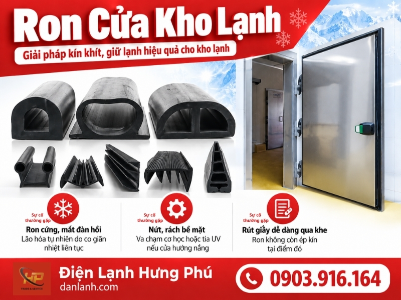Ron cửa kho lạnh là gì, vật liệu EPDM và silicone, cơ chế lão hóa và cách tự kiểm tra dấu hiệu ron hở khí gây tốn điện, đóng băng mép cửa.