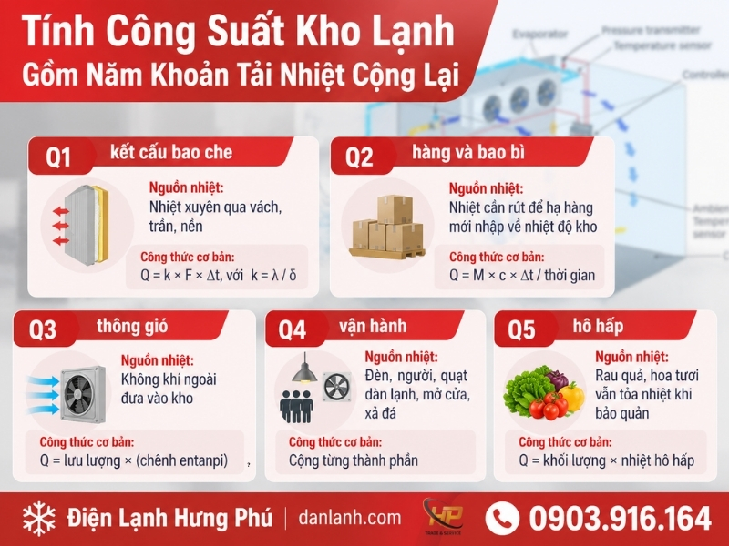 Tính công suất kho lạnh từ 5 khoản tải nhiệt, ví dụ kho mát 90 m³ ra khoảng 3,3 kW lạnh, cách chọn máy và soát bảng tính tải của nhà thầu.