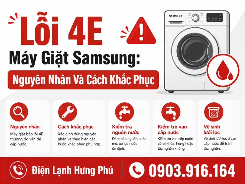 Lỗi 4E máy giặt Samsung nguyên nhân và cách khắc phục - Điện Lạnh Hưng Phú