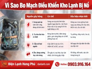 Bo mạch điều khiển kho lạnh bị nổ: 5 việc làm ngay để an toàn, 4 nguồn gây hỏng, quy trình 8 bước kiểm tra nguồn và môi trường trước khi lắp bo mới.